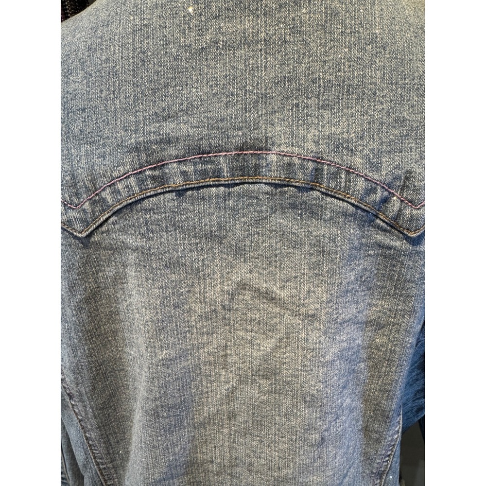 Arizona Jean Co Blue Denim Jacket Pink Contrast Stitching Cinch Back Rhinestone - Picture 7 of 9